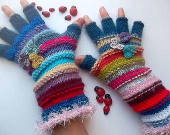 Women Size M 20% OFF Ready To Ship Half Fingers Wool Accessories Mittens Wrist Warmers Gloves Winter Hand Knitted Multicolor Striped Arm 248