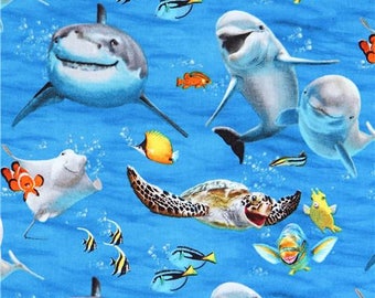 215095 blue with funny dolphin shark fish Ocean Selfie fabric by Elizabeth's Studio