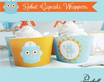 Robot Cupcake Wrappers for robot theme birthday party. INSTANT DOWNLOAD printable design for baby or little boys. In 2 designs!