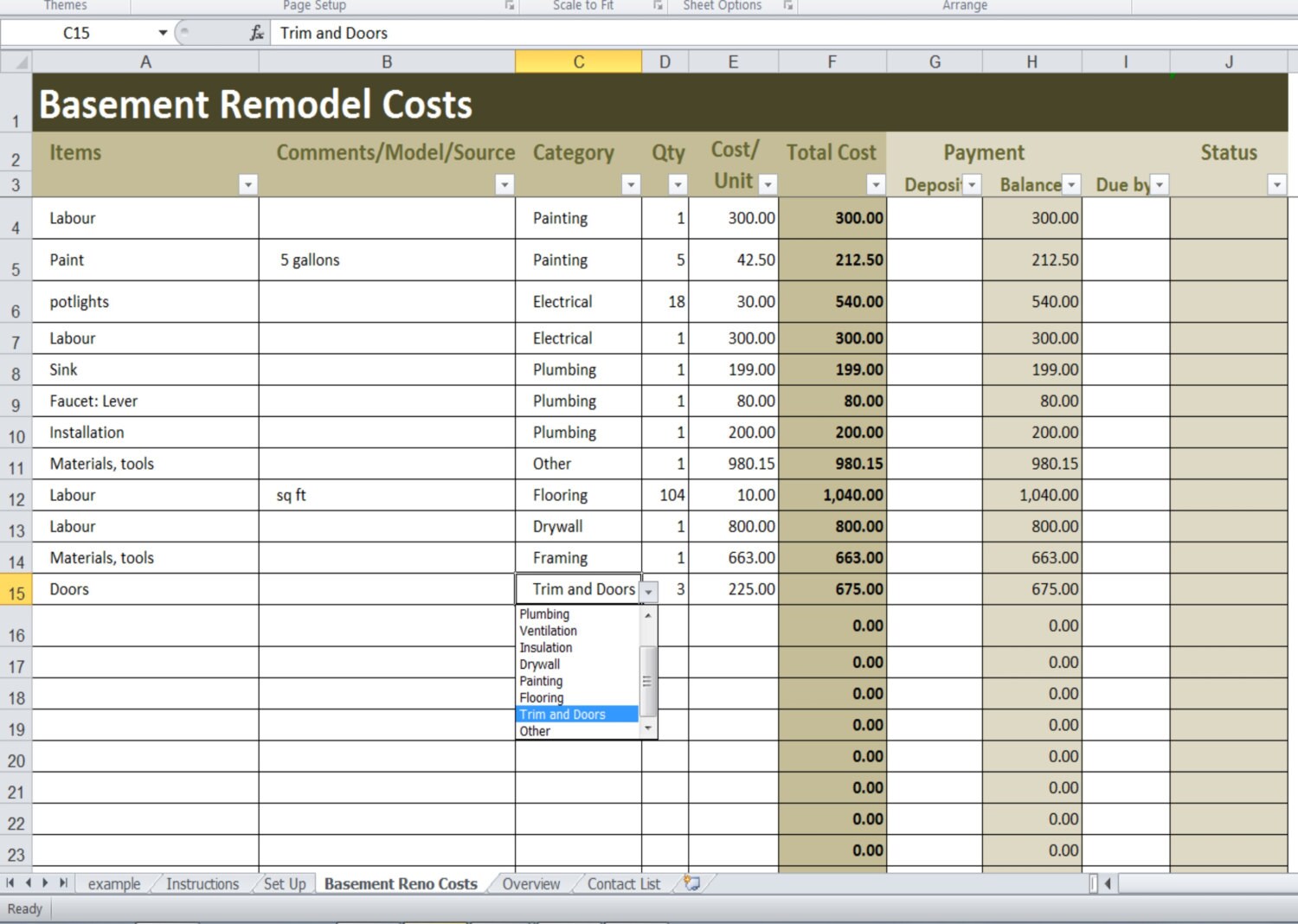Basement Remodel Costs Calculator Excel Template 