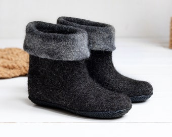 Felted natural black wool boots- home shoes- high boiled wool boots- natural black color shoes-solid wool shoes