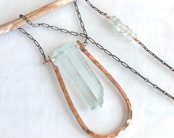 Aquamarine Necklace, Aquamarine Crystal Necklace - Mixed Metals Sterling silver and Rose Gold
