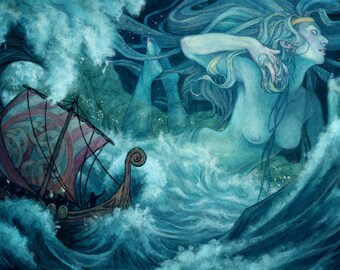 Viking Norse Ocean Goddess Illustration 12x17
