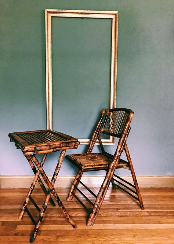 Vintage Burnt-Tortoise Bamboo Folding Chair Writing Desk Set Vintage Burnt-Tortoise Bamboo Folding Chair Writing Desk Set