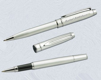 Personalized Engraved Rollerball & Pen custom engraved Buff Silvertone Metal AA32Set for groomsmen, father, graduation, executive gifts