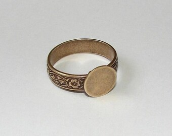 Adjustable Ring Blanks - 10 Nickel Free Brass Ox FLORAL Style 3 Glue On Pad Adjustable Ring Blanks, Hidden Adjustment