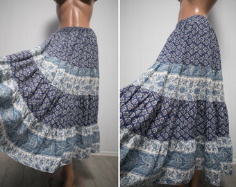 Vintage Provence skirt / white blue floral folk print tiered full circle French provence cotton skirt/ M