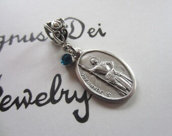 St Joan of Arc Medal & Dk Turquoise Glass Charm Pendant, Patron Saint for France - Military, Confirmation Gift