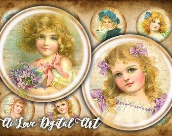 Vintage Girls digital collage sheet circles 1 inch, 1.5 inch, 30mm digital download cabochon shabby chic
