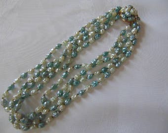 1950s blue 4 row plastic bead necklace chic retro vintage pale blue cream