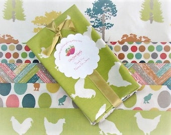 Quilters Fat Eights Bundle Birch Organics Jay-Cyn 5 Medium Prints Fiber Arts Cotton Fabric Destash Farm Prints Hen Baby Chick Tree Barn Door