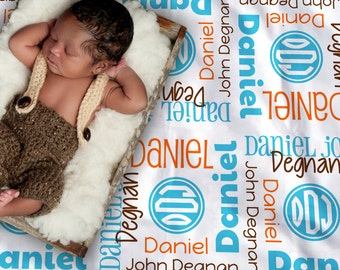 Baby Blanket with Name & Monogram - Boys' Personalized Receiving Blanket - Custom Baby Name Blanket - Newborn Swaddling Blanket - Photo Prop
