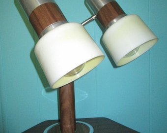 Rare Mid Century Walnut Laminate, Chrome Original Shades Double Goose Neck Desk Lamp