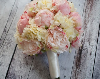 Peony Bouquet - Ivory and Blush Peony Hydrangea and Rose Wedding Bouquet