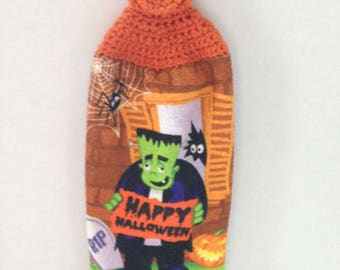 Halloween Towel - Crochet Top - Frankenstein Happy Halloween - Orange - Hanging Towel - Handmade Crochet - Ready to Ship