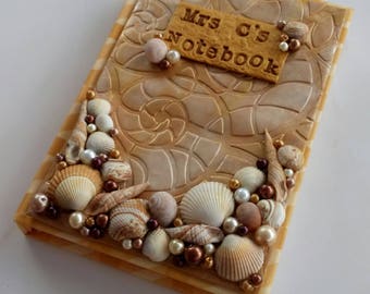 Seashell journal, seashell diary, seashell notebook, beach diary, beach journal, beach notebook, polymer clay shells, personalised journal