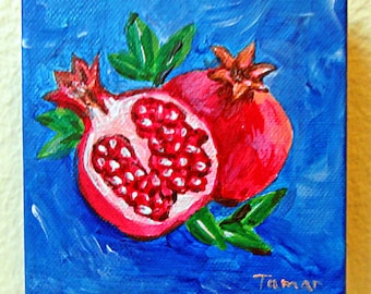Pomegranate Painting, Pomegranate Art, Kitchen Decor, Still Life, Fruit Artwork, 4X4 Original Painting, Judaica Wall Art, Rimon Fruit Canvas