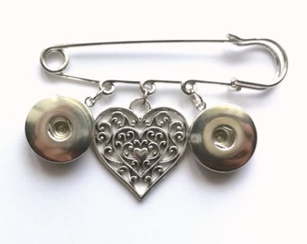Heart Snap button jewelry safety pin brooch