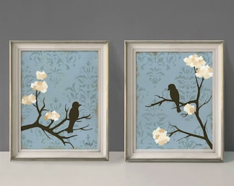 Shabby Love Bird Wall Decor Prints, Cottage Chic, Blue and cream, Large Prints, Set of Two, 11 x 14 inches