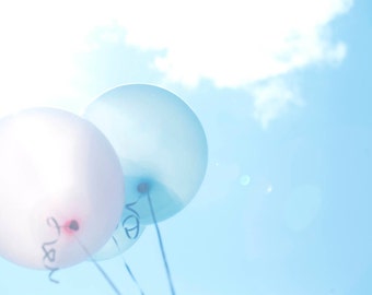 Photo Print or Canvas Gallery Wrap - Pastel Balloons, Blue Skies, White Fluffy Clouds, Childrens Whimsey Wall Art
