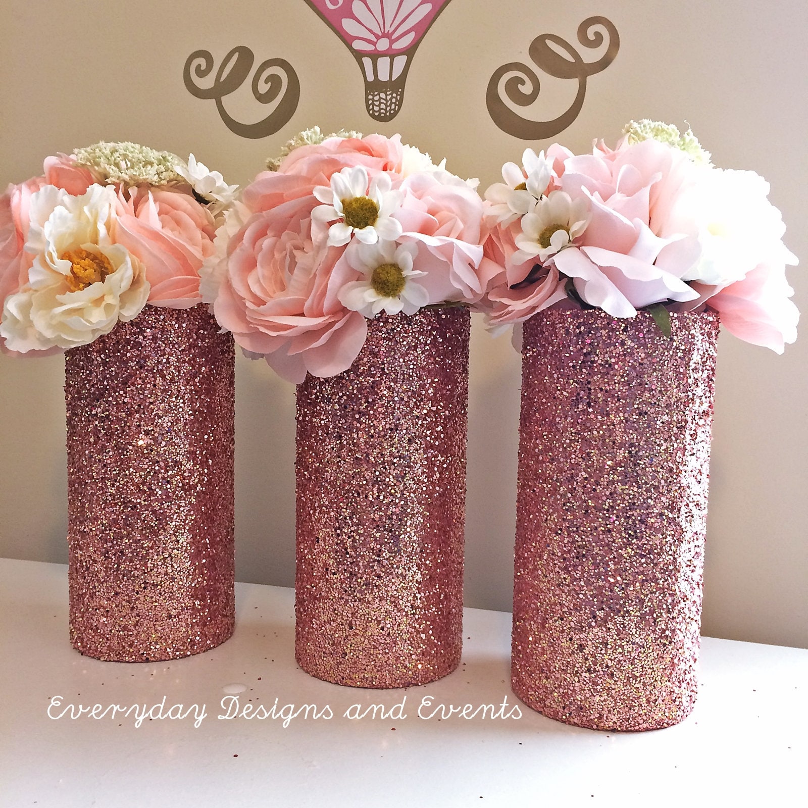 3 Rose gold glitter vases rose gold centerpiece wedding