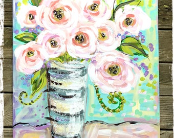 Large Pink Peonies Abstract Still Life Painting 24" x 30" Ready to Ship YelliKelli