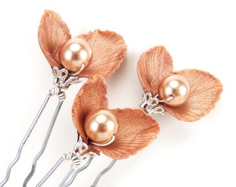 Rose Gold Pearl Leaf Hair Pins - Rose Gold Leaf Hair Accessories