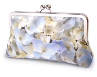 Hydrangea flower clutch bag, silk purse, blue cream flower petals, wedding purse, bridesmaid, gift for her, something blue