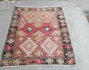 Turkish Kilim Rug, Turkish Oushak Rug,Vintage Rug,Entryway Rug, Area Rug,Oushak Rug, Turkish Vintage Rug Turkish Rug 4'6×3'4 feet-140×106 cm