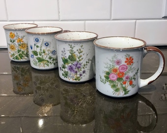 Vintage Wildflower Speckled Mugs, Set of 4 - Japan