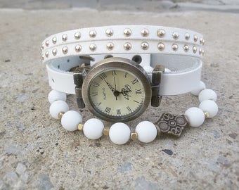 White Woman Watch Vintage Wrist Watch Bohemian Watch Bracelet White Hipster Watch Birthday Gift for Anniversary Gift For Woman Gift