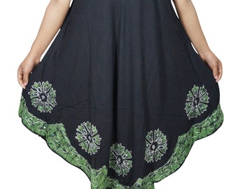 Summer Cocktail Sleeveless Dress Green Black Batik Embroidered Gypsy Hippie Chic Tank Dress