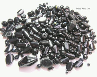 Mixed Vintage Glass Beads, Black, Various Shapes, Jewelry Salvage