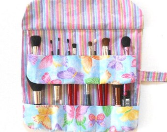 Butterfly Print Makeup Brush Roll, 12 Pockets, Vinyl Backed, Holder for Cosmetics, Travel Brush Storage, Makeup Carrier, Brush Case