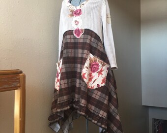 Upcycled Refashioned Flannel Sweater Dress, Boho Prairie Chic Lagenlook Artsy clothing by SimplyCathrineAnn