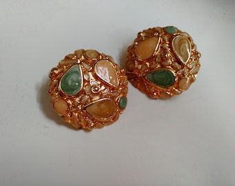 Sale! Vintage Gold Clip-On Earrings w/Enamel Detail