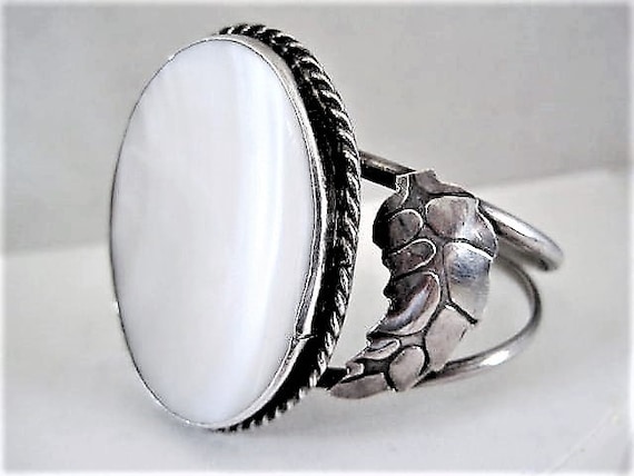 Native American Sterling Cuff, Mother of Pearl Stone, Vintage Old Pawn Bracelet, Comfortable to Wear