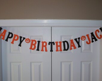 HAPPY BIRTHDAY PERSONALIZED Name Letter Banner - Orange & Black Cardstock Paper - Pumpkin - Jack O Lantern Garland - Wall Decor