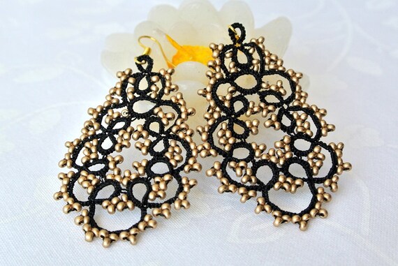 Black and gold chandelier tatted earrings beaded earrings