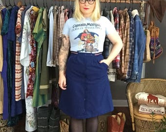Button Front A-Line Skirt with Striped Nauticsl Waistband - '70s Vintage Woman's Sailor Clothing