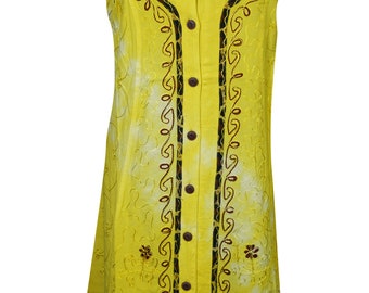 Yellow Button Front Shift Dress Rayon Embroidered Scoop Neck Sleeveless Holiday Summer Dresses S/M