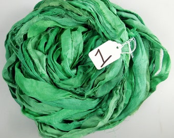 Silk Sari Ribbon, Sari silk ribbon, Emerald green sari ribbon, silk ribbon, rug supply, knitting supply, rag ribbon, crochet supply