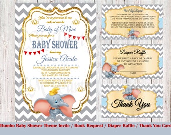 Dumbo Baby Shower Invitation, Book Request, Diaper Raffle, Thank You Cards