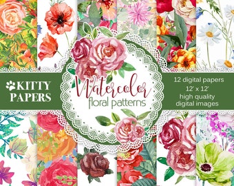 Watercolor Flowers Digital Paper Pack, Watercolor Floral Patterns, Watercolor floral digital paper for scrapbooking, decoupage, wedding