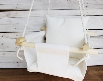 Baby White Swing with pillow white linen Swing for toddler nursery indoor outdoor swing for kids First birthday gift for girl or boy