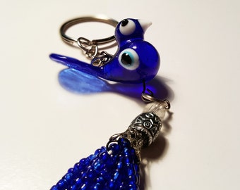 Blue Keychain with Fringe and Lucky Eye, blue bird nazar blue bead evil eye mati handra keyring key chain