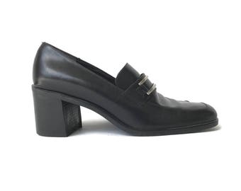 Black Leather Chunky Block Heel Loafers Size 8 Narrow
