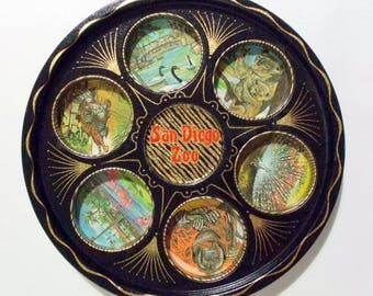 Vintage 11" Black Gold Metal San Diego Zoo 6 Recessed Drink Holder Tray