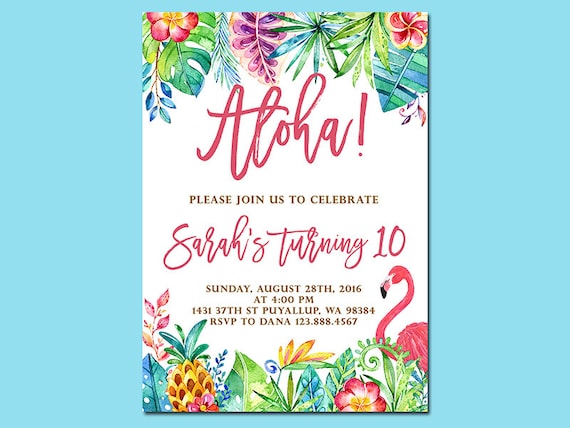 Aloha Birthday Invitation Tropical Pineapple Flamingo