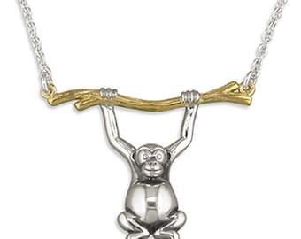 A Little Monkey Swinging From Gold Branch Sterling Silver Necklace